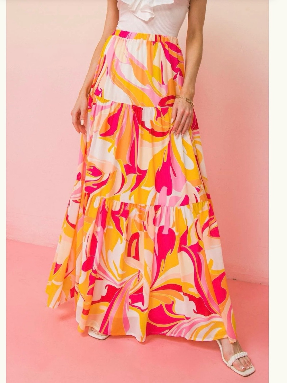 Flying Tomato Pink, Yellow & Cream Tiered Maxi Skirt